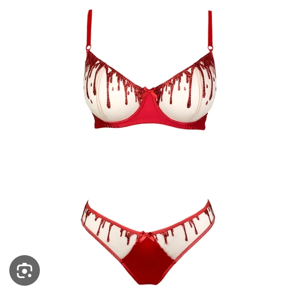 Women's Red and Cream Lace-Trim Bra & Panty Set